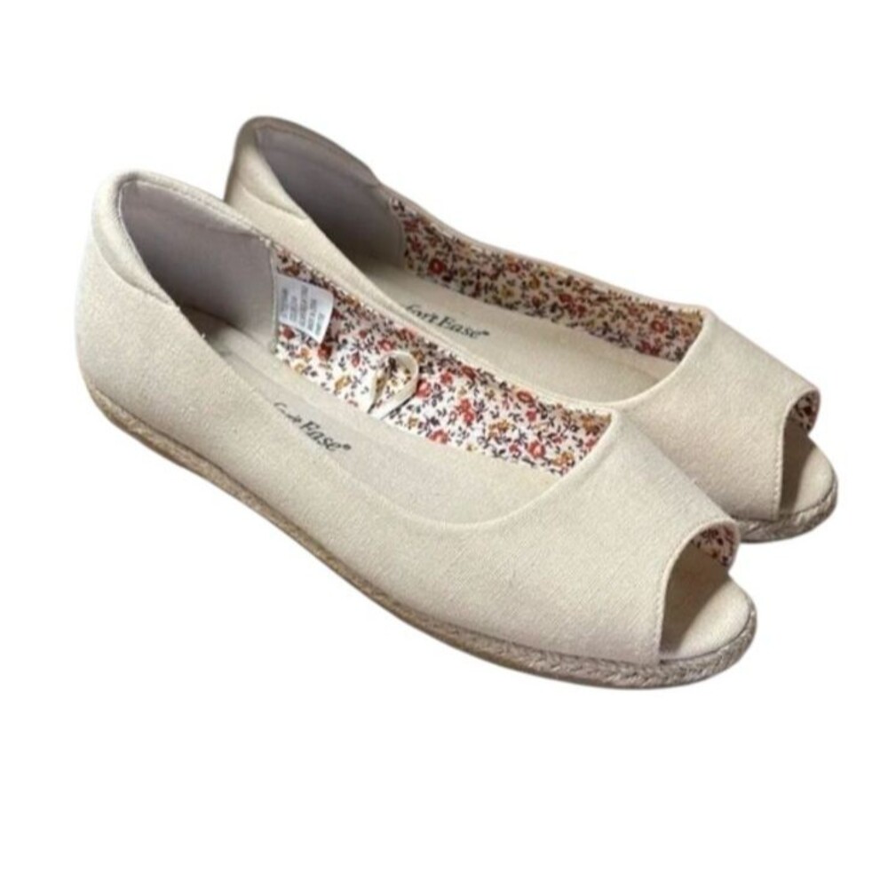 Comfort Ease Beige Canvas Peep Toe Flats Espadrille SlipOn Shoes Women’s Size 8M